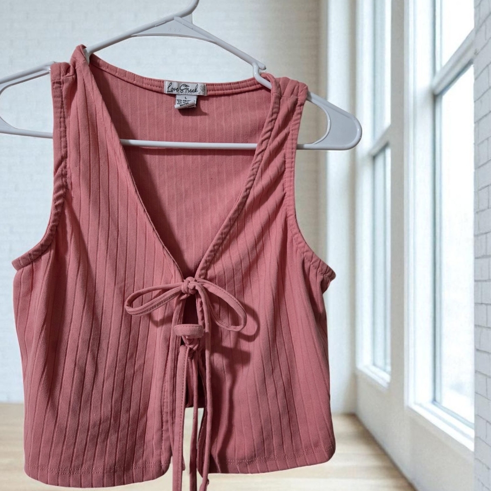 Love Streak Women's Pink Ribbed Tie-Front Tank Top